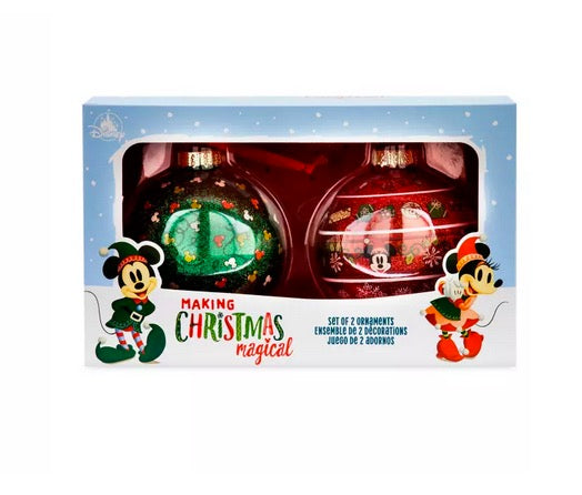  Disney Ornament Set - Mickey And Minnie Glass - Set Of 2