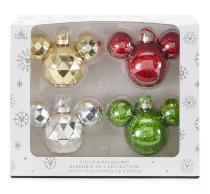  Disney Ornament Set - Mickey Mouse Icon Sparkle - Set Of 4