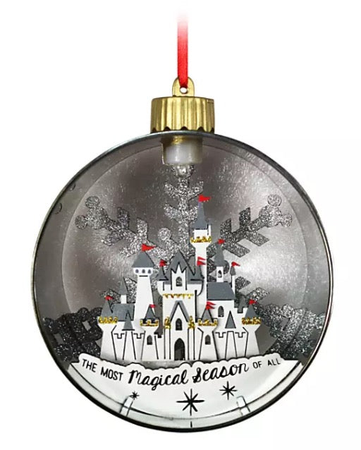  Disney Glass Ball Ornament - Fantasyland Castle Light-Up - Silver & Gold